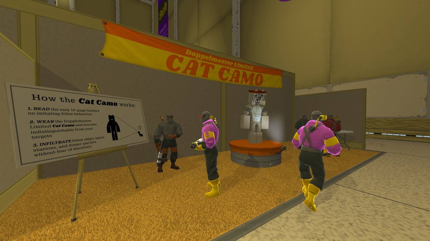 Enemy pirates look at an unconvincing cat costume.
